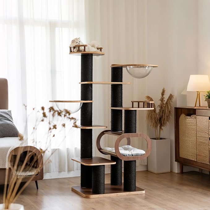 70.8'' Tall Luxury Cat Tree,All i,ne One Black Walnut Wood Modern Cat Tower for Indoor Large,Huge Multi-Level Cat Furniture with Scratching Posts,Condo,Cushion,Clear Bowl,Platform for Home Decoration-PurrikoPets
