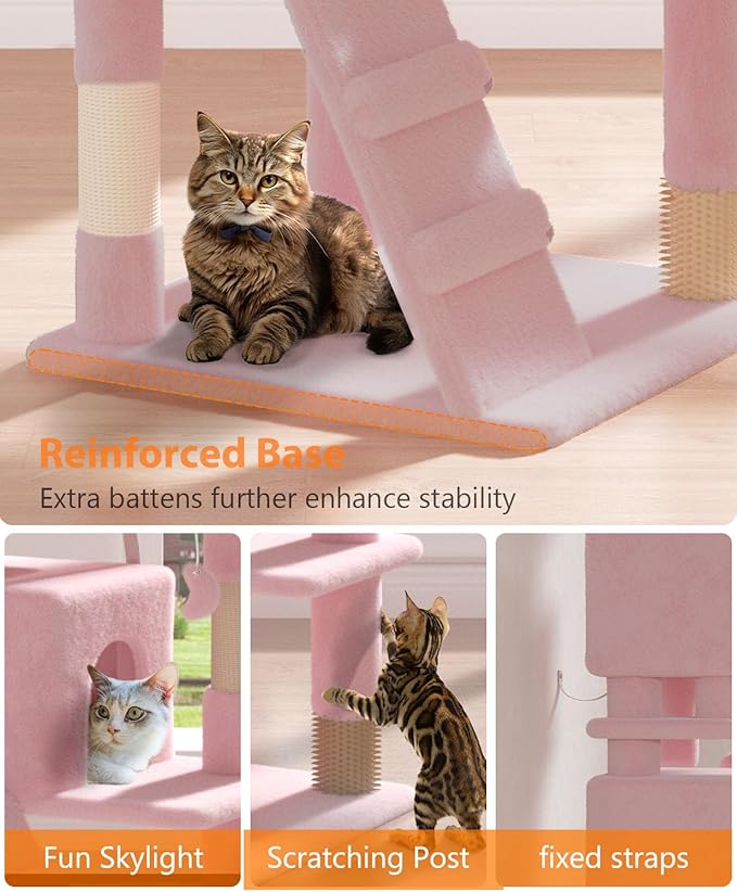 77'' Cat Tree Tower for Indoor Cats Large Adult, Cute/Tall Modern Cat Tree for Big Cats 20 lbs, Plush Multi-Level Cat Condo with Scratching Posts,Dangling Ball (Soft Pink, 77 inch)-PurrikoPets