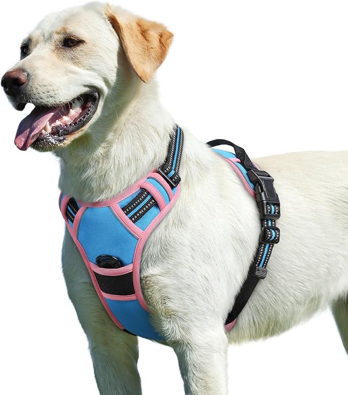 Eagloo Dog Harness for Large Dogs, No Pull Service Vest with Reflective Strips and Control Handle, Adjustable and Comfortable for Walking, No Choke Pet Harness with 2 Metal Rings, Pink & Blue, L-PurrikoPets