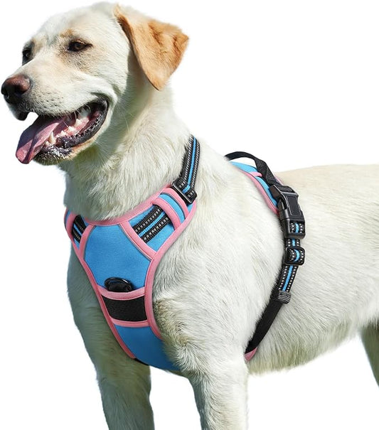Eagloo Dog Harness for Large Dogs, No Pull Service Vest with Reflective Strips and Control Handle, Adjustable and Comfortable for Walking, No Choke Pet Harness with 2 Metal Rings, Pink & Blue, L-PurrikoPets