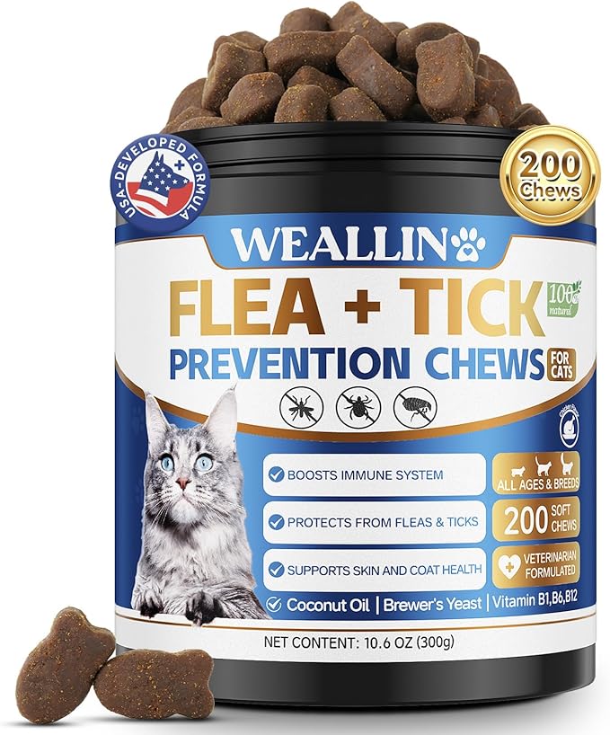 Flea and Tick Prevention for Cats, 200 Soft Chews for Fleas Treatment for Cats, Natural Cat Oral Flea Chewables Support Supplement, Flea and Tick Chews for All Breeds & Sizes-PurrikoPets