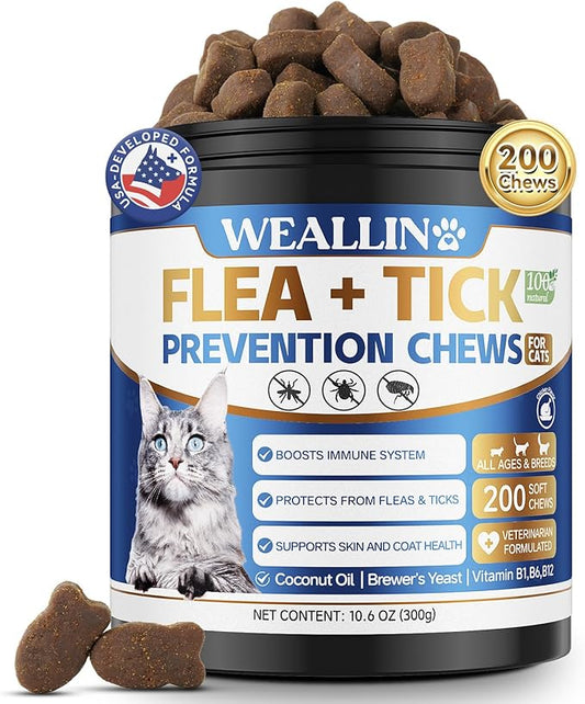 Flea and Tick Prevention for Cats, 200 Soft Chews for Fleas Treatment for Cats, Natural Cat Oral Flea Chewables Support Supplement, Flea and Tick Chews for All Breeds & Sizes-PurrikoPets