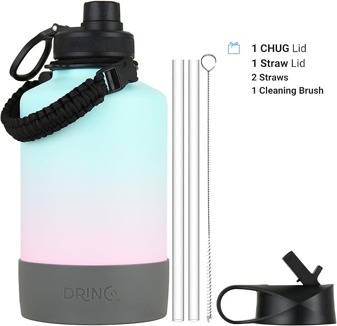 DRINCO Stainless Steel Water Bottle Spout Lid Vacuum Insulated Double Wall Water Bottle Wide Mouth (64oz 40oz 32oz 22oz 18oz 14oz) Leak Proof Keep Cold Sport Camping Hiking (64 oz, 64oz Macaron)-PurrikoPets
