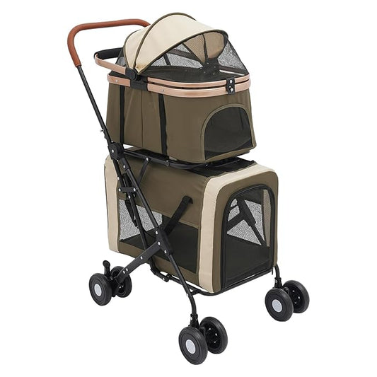 2-Layers Pet Stroller for 2 Cats/Dogs,Foldable Lightweight 77lbs Capacity Carrier, 4 Wheels, Removable Basket & Storage Pocket,for Small Pets (Green)-PurrikoPets