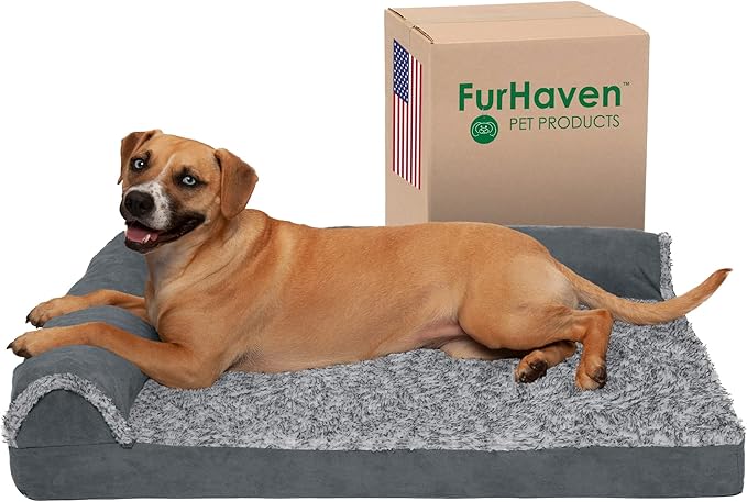 Furhaven Cooling Gel Dog Bed for Large/Medium Dogs w/ Removable Bolsters & Washable Cover, For Dogs Up to 55 lbs - Two-Tone Plush Faux Fur & Suede L Shaped Chaise - Stone Gray, Large-PurrikoPets
