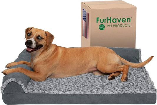 Furhaven Cooling Gel Dog Bed for Large/Medium Dogs w/ Removable Bolsters & Washable Cover, For Dogs Up to 55 lbs - Two-Tone Plush Faux Fur & Suede L Shaped Chaise - Stone Gray, Large-PurrikoPets