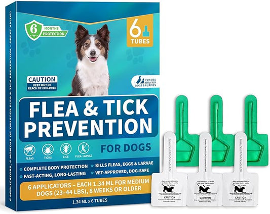 Flea and Tick Prevention for Dogs, 6-Month Supply Dog Flea and Tick Treatment Drops, Topical Fast-Acting Dog Treatment for Medium Dogs Up to 23 to 44 lbs-PurrikoPets