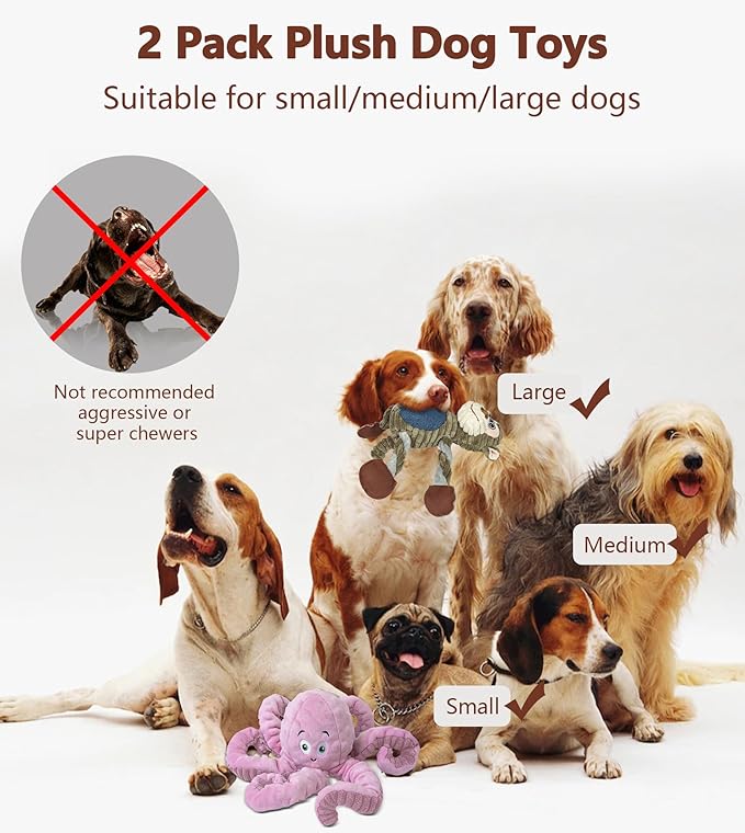 2Pack Dog Toys for Large Dog - Plush Squeaky Medium & Small Dog Toys - Stuffed Animals Puppy Toys - (Monkey+Octopus Pink)-PurrikoPets