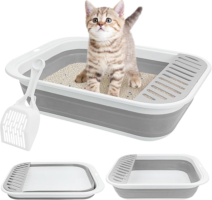 Fhiny Cat Litter Box Portable Shallow Litter Box 17.7"x13.4"x4.9" Foldable Cat Toilet with Scoop Open Kitty Potty Pan with Litter Drop Pedal Easy to Clean Travel Kitten Toilet(Gray)-PurrikoPets