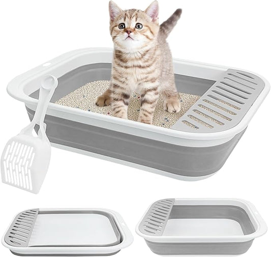 Fhiny Cat Litter Box Portable Shallow Litter Box 17.7"x13.4"x4.9" Foldable Cat Toilet with Scoop Open Kitty Potty Pan with Litter Drop Pedal Easy to Clean Travel Kitten Toilet(Gray)-PurrikoPets