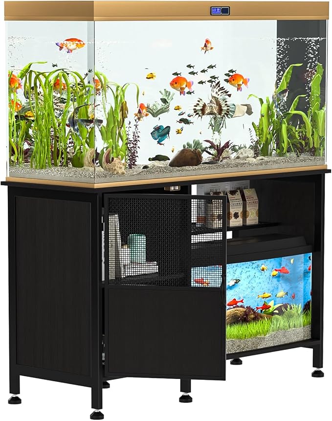 Fish Tank Stand, Modern Aquarium Stand with Built-in Cabinet and Shelves - Sleek Black Iron and Wood Grain Design for Stylish Home Décor（ 51.97" x W 19.69" x H 31.5"） Black-PurrikoPets