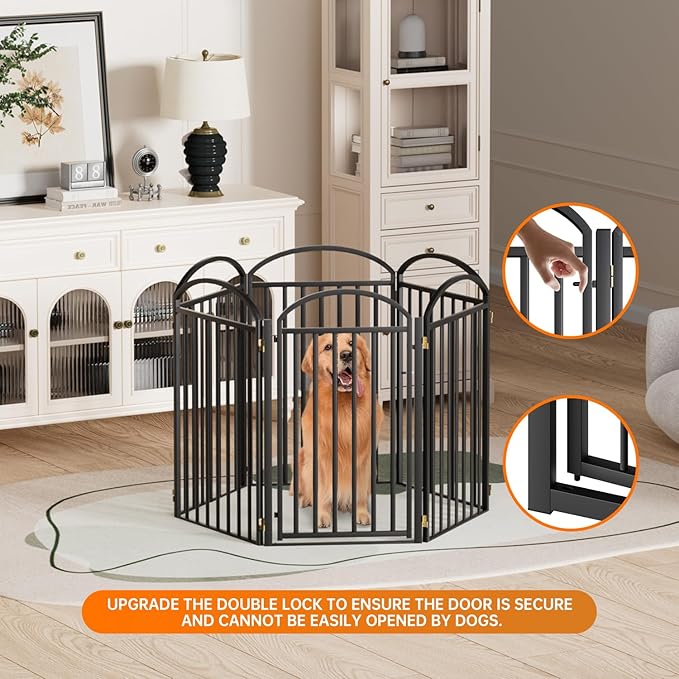 6 Panles Full Matel Freestanding Dog Gates with Door, 144"Extra Wide 36"Tall Free Standing Dog Pet Gate for Indoor & Outdoor. Foldable Pet Fences for Doorways, House, Stairs, Porch, Deck, Yard-PurrikoPets