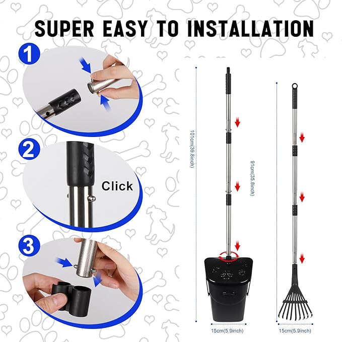 Dog Pooper Scooper with 20 Bag Attachment Long Handle Swivel Bin, Rake Heavy Duty Pooper Scooper for Large Medium Dogs Easy to Clean Poop Scooper for Yard, Grass, Gravel-PurrikoPets