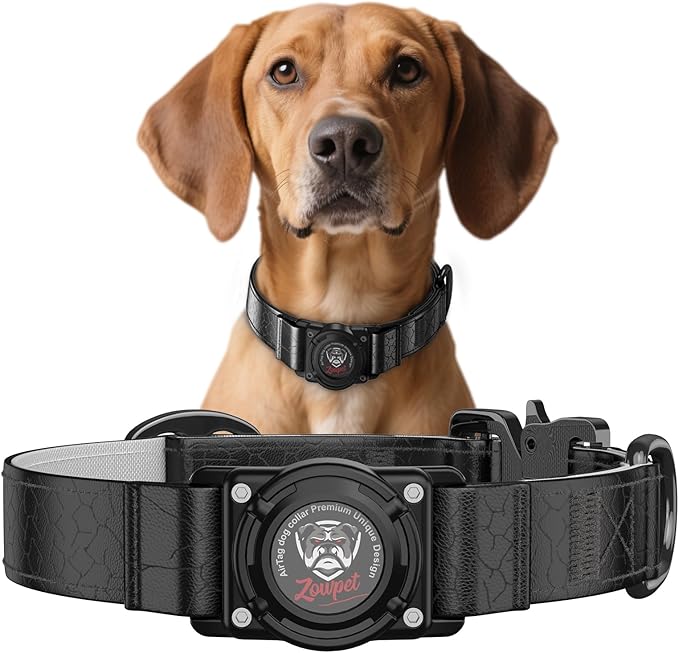 AirTag Dog Collar - Leather Dog Collar with Airtag Holder | IP68 Waterproof AirTag Holder with Metal Buckle, Comfortable GPS Dog Collars Tracker for Medium Large Dogs (Black, XL)-PurrikoPets