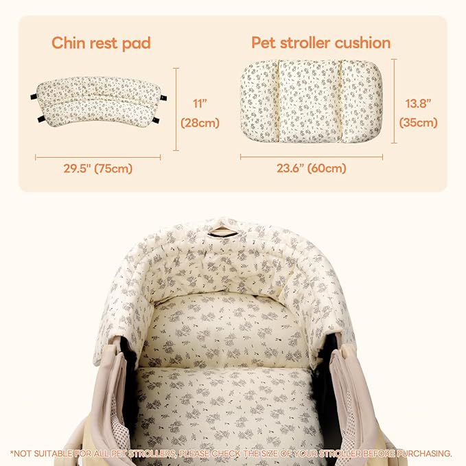 Dog Stroller Cushion & Mat, Pet Stroller Cushion for Dogs & Cats, 5-Level Waterproof & Removable Inner Core, Dog-Ergonomic 3-Zone Support, 4-inch Thickness (Flower Set)-PurrikoPets