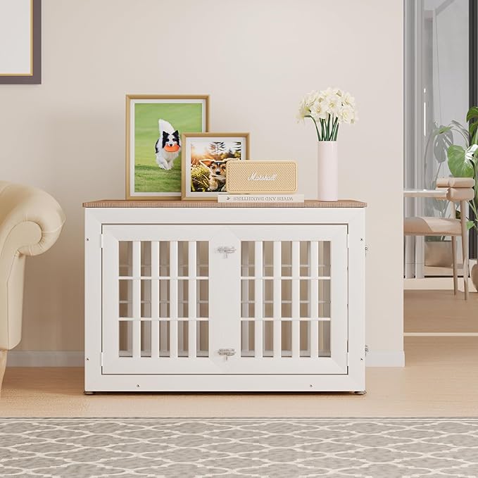 42" Heavy Duty Dog Crate Furniture for Small,Medium and Large Dogs,Rustic Wooden Dog Cage Kennel Indoor Furniture with Waterproof Top,Decorative Pet House Side End Table (White & Wood)-PurrikoPets
