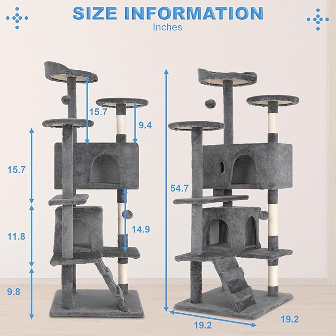FDW Cat Tree 54in Cat Tower Multi-Level Durable Cat Scratching Post & Cozy Fun Cat Jumping Platform Space Saving Cat Condo Pet Play House for Indoor Cats,Light Gray-PurrikoPets