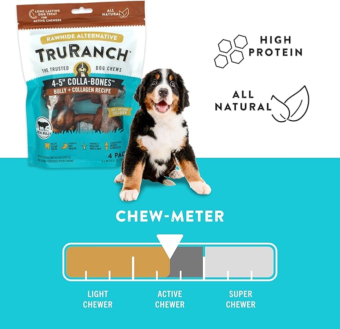 4-5" Collagen Bones, Bully - Collagen Dog Bones - Long Lasting Healthy Joint Support Dog Treat - Rawhide Alternative - Skin & Coat Health, 1 Bag, 4 Count-PurrikoPets