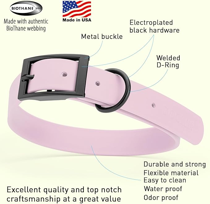 Dogline Biothane Waterproof Dog Collar Strong Coated Nylon Webbing with Black Hardware Odor- Proof for Easy Care Easy to Clean High Performance Fits Small Medium or Large Dogs, Pastel Purple-PurrikoPets