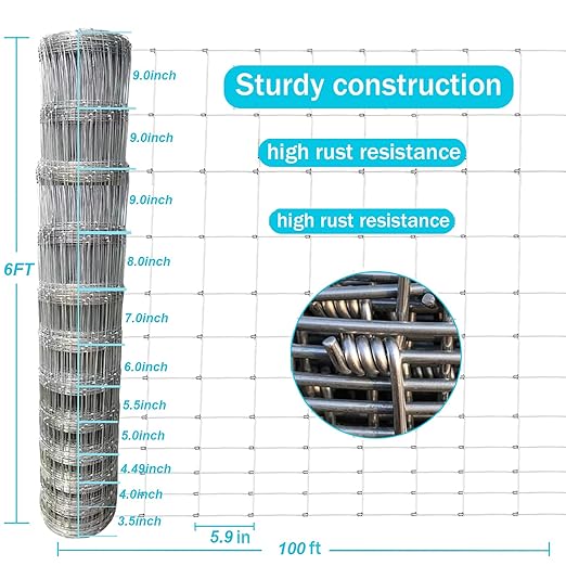 Farm Fence 6ft x 100ft Heavy Zinc Coating Field Wire Fencing, Deer Fence, Galvanized Livestock Fence,Goat Fence,Hog Wire Fencing, Garden Fencing Used to Yard and Garden-PurrikoPets