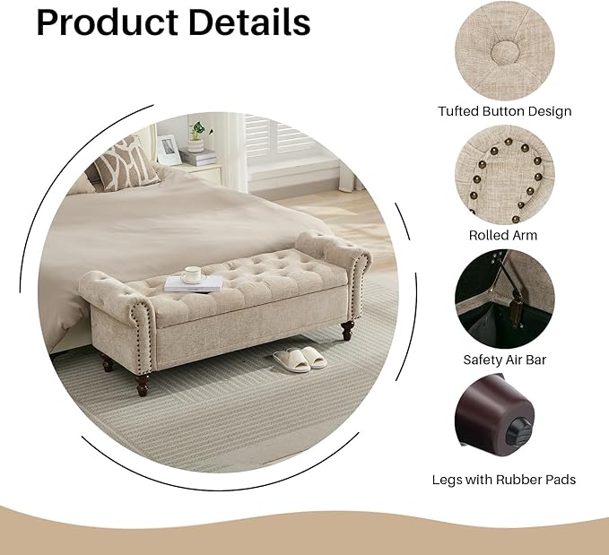 58.1'' Storage Bench Upholstered Chenille End of Bedroom Bed Bench Ottoman with Tufted Cushioned Rolled Arm Large Storage Space for Reading Living Room Entryway, Light Brown-PurrikoPets