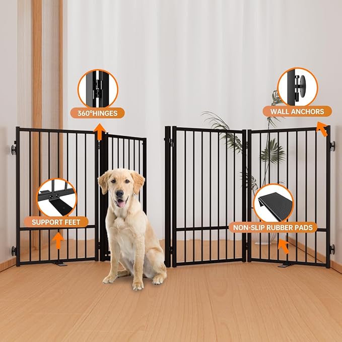 Full Metal Freestanding Dog Gate with Door, 32''Height Foldable Pet Dog Fence for Indoor & Outdoor, 4 Panels Extra Wide Free Standing TallDog Gates for Doorways,House,Stairs,Porch,Deck,Yard-PurrikoPets