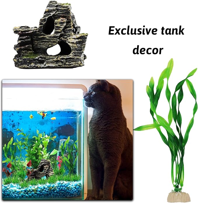 Fish Tank Accessories Aquarium Decorations Rock Plants, 20pcs Green Fish Tank Decorations Plants and Cave Rock Decoration Decor Set, Fish Tank Decor, Aquarium Decor Plastic Plants-PurrikoPets