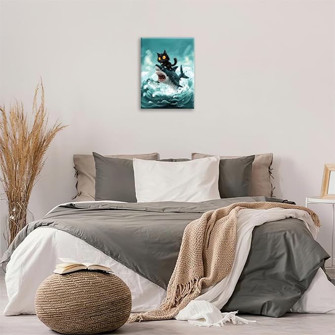 Funny Black Cat Bathroom Wall Art Cute Cat Riding Shark Canvas Wall Decor Animal Kitten Pictures Painting Print Artwork Framed Decorations Gifts for Cat Lover Kids Room Bedroom 12"x16"-PurrikoPets
