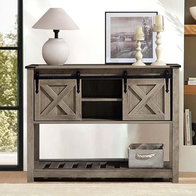Entryway Table with Storage, Farmhouse Buffet Cabinet Coffee Bar Kitchen Island with Sliding Barn Doors & Shelves, Console Table for Kitchen, Dining Room, Living Room, Grey-PurrikoPets