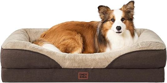 EHEYCIGA Memory Foam Dog Bed for Large Sized, Orthopedic Dog Sofa with Sides and Waterproof Liner, Washable Bolster Pet Couch with Removable Cover, 41x27x7.5 Inch, Brown-PurrikoPets