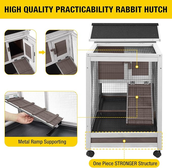 Aivituvin Rabbit Hutch 62" Rabbit Cage Indoor Outdoor Chicken Coop Guinea Pig Cage on Wheels Bunny Cage with 3 Deep No Leakage Pull Out Tray,Waterproof Roof (Brown)-PurrikoPets