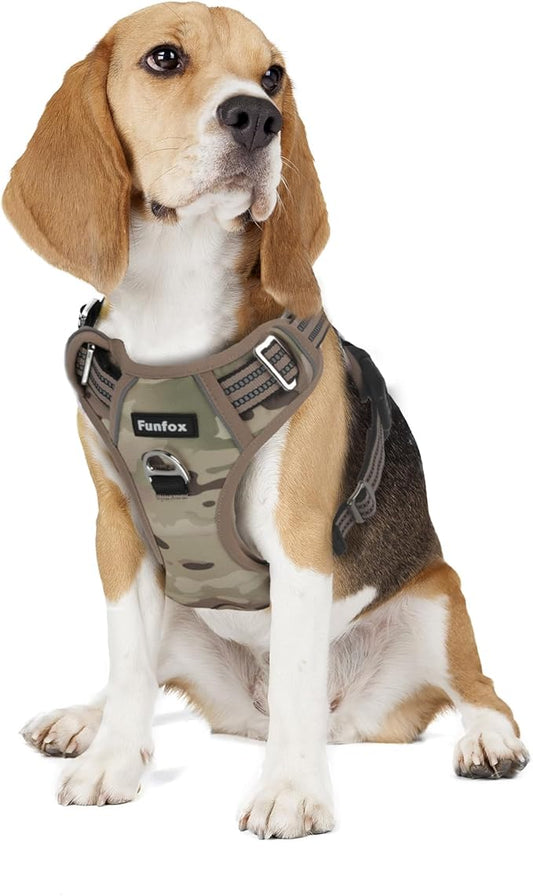 Funfox Dog Harness No Pull, Adjustable Pet Vest Harness, Super Soft Material with Vertical Handle Easy Control, Reflective Night Walking, 2 Leash Clips for Medium Sized Dogs, Camo Brown, M-PurrikoPets