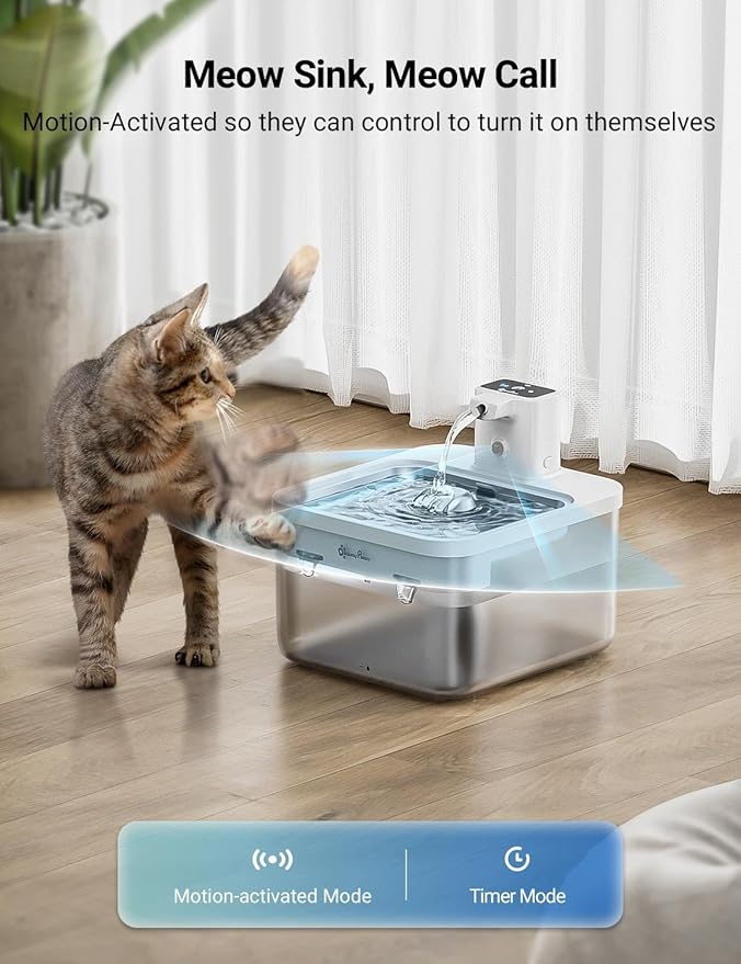 DownyPaws Battery Operated Cat Water Fountain Stainless Steel, 84oz/2.5L Fursink Wireless Pet Water Fountain for Cats Inside, Automatic Dog Water Dispenser with Faucet, Quiet Pump, BPA-Free, White-PurrikoPets