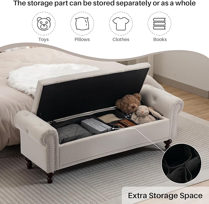 58.1'' Storage Bench Upholstered Linen End of Bedroom Bed Bench Ottoman with Tufted Cushioned Rolled Arm Large Storage Space for Reading Living Room Entryway, Beige-PurrikoPets