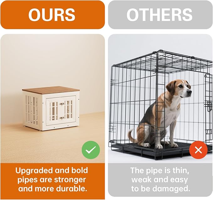 26" Heavy Duty Dog Crate Furniture for Small,Medium and Large Dogs,Rustic Wooden Dog Cage Kennel Indoor Furniture with Waterproof Top,Decorative Pet House Side End Table (White & Wood)-PurrikoPets