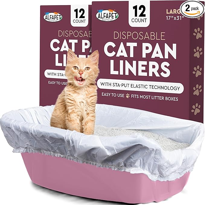 Alfapet Cat Litter box liner Disposable, Elastic Liners- 24-count-For Medium and Large, Size Litter Pans- With Sta-Put Technology for Firm, Easy Fit- Quick + Clever Waste Cleaners-PurrikoPets