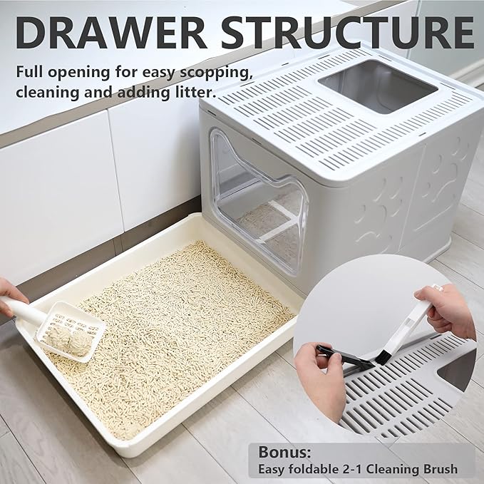 Foldable Cat Litter Box with Lid, Enclosed Potty, Large Top Entry Anti-Splashing Toilet, Easy to Clean Including Litter Scoop and 2-in-1 Cleaning Brush (Grey)-PurrikoPets