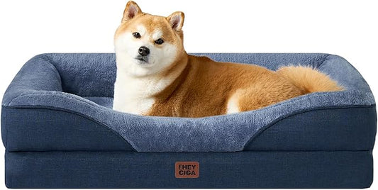 EHEYCIGA Memory Foam Dog Bed for Medium Size, Orthopedic Dog Sofa with Sides and Waterproof Liner, Washable Bolster Pet Couch with Removable Cover, 35x22x6.5 Inch, Navy-PurrikoPets