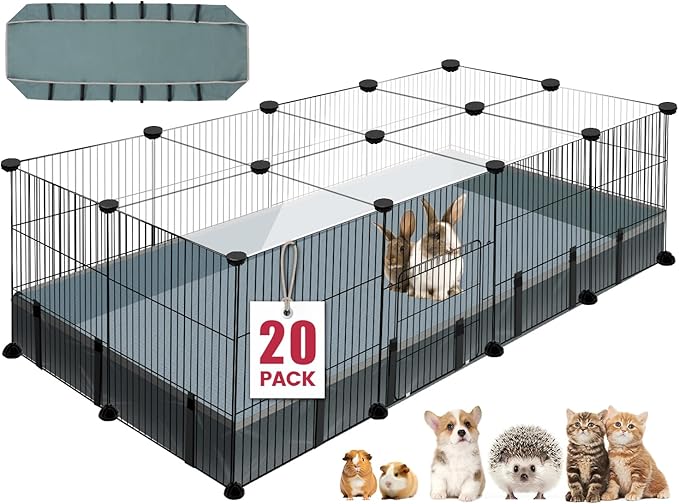 20 Panels Small Animal Playpen, 48" x 24" x 16" Pet Playpen with Waterproof Mat, C&C Cage for Guinea Pigs, Rabbit/Bunny/Baby Chicken Cage,Bunny/Puppy/Chicken Pen Indoor Outdoor Portable Metal Fence-PurrikoPets