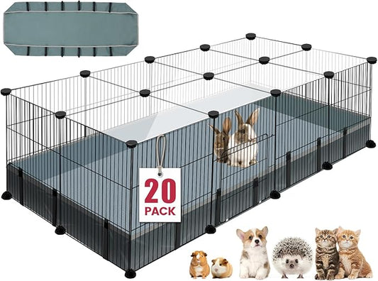 20 Panels Small Animal Playpen, 48" x 24" x 16" Pet Playpen with Waterproof Mat, C&C Cage for Guinea Pigs, Rabbit/Bunny/Baby Chicken Cage,Bunny/Puppy/Chicken Pen Indoor Outdoor Portable Metal Fence-PurrikoPets
