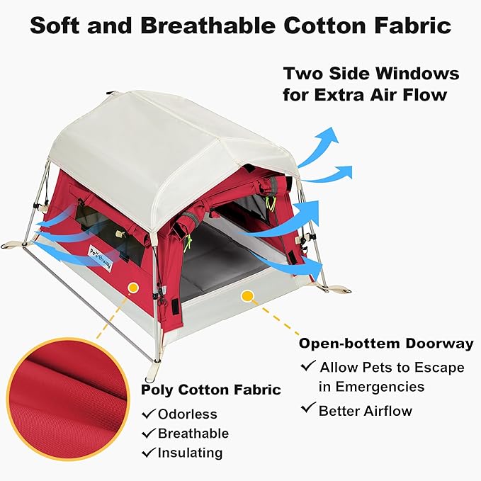 Dog Tent Cotton Fabric, Aluminum Poles and Camping Mat, Outdoor Weatherproof, Dog House Outdoor, Breathable with 2 Side Windows, Portable and Collapsible (Red, Small)-PurrikoPets