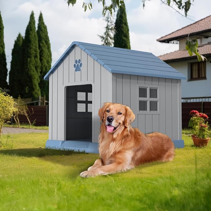DRATO Dog House Indoor Outdoor for Small to Large Sized Dogs Indoor Outdoor Doghouse Puppy Shelter with Elevated Floor, Easy to Assemble (Blue, 31Inch(31.18 * 33.7 * 32.52))-PurrikoPets