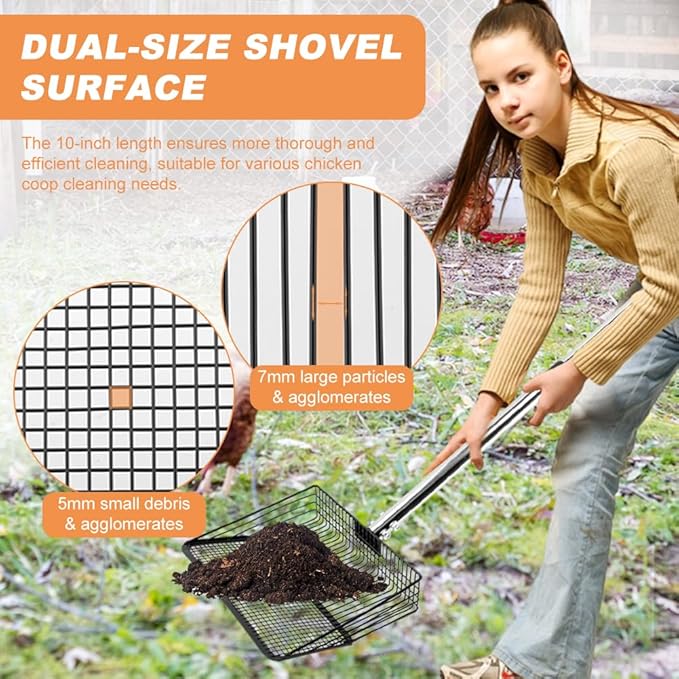 10inch Chicken Poop Scooper, Chicken Coop Scoop for Poop, 4 Sections Extended with 22 to 77inch Stainless Steel Adjustable Handle, Litter Scooper Sifting Shovel-PurrikoPets