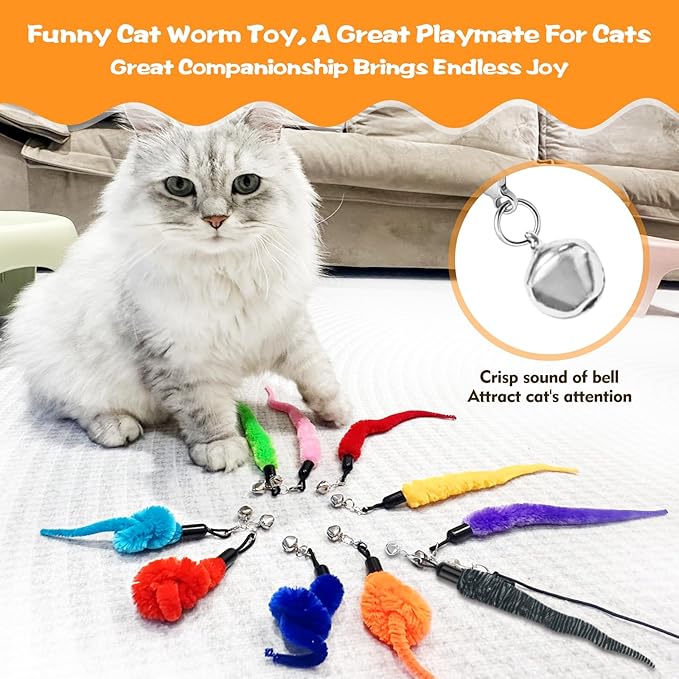 10PCS Cat Worm Toy, Cat Wand Attachment Fuzzy Worm Toys Refill with 1PCS Black String for Wand Replacement, Interactive Cats Kittens Toys for Indoor-PurrikoPets