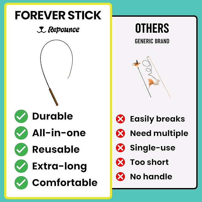 Forever Stick - The Unbreakable Cat Toy Wand, Extra Long Durable Interactive Cat Toy for Indoor Cats, Feather Kitten Toys for Bored Indoor Adult Cats, Bird Teaser Cat Accessories Enrichment-PurrikoPets