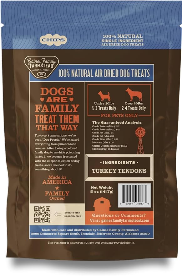 Gaines Family Farmstead Turkey Tendon Chips for Dogs – 5 oz, Natural Single-Ingredient Dog Treats, High-Protein Crunchy Chews, Rawhide Alternative, Grain-Free, Made in USA-PurrikoPets
