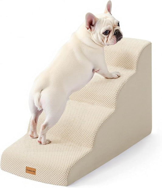 Gardner Pet Dog Stairs for Small Dogs 19.7" H, 4-Step Beige Curved Pet Stairs, Dog Steps for High Bed (18-24 in), Couch with Durable Non-Slip Waterproof Fabric Cover and CertiPUR-US Certified Foam-PurrikoPets