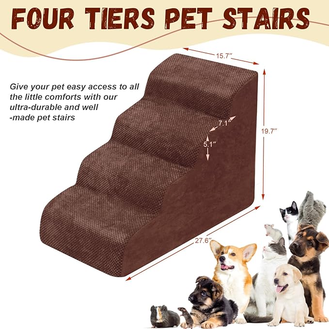 Dog Stairs for Small Dogs - High Density Foam Pet Steps, Extra Wide Dog Ramp with Non-Slip Bottom for High Beds, Couch and Sofa, Best for Dogs Injured, Older Doggy Cats,4 Steps, Brown-PurrikoPets