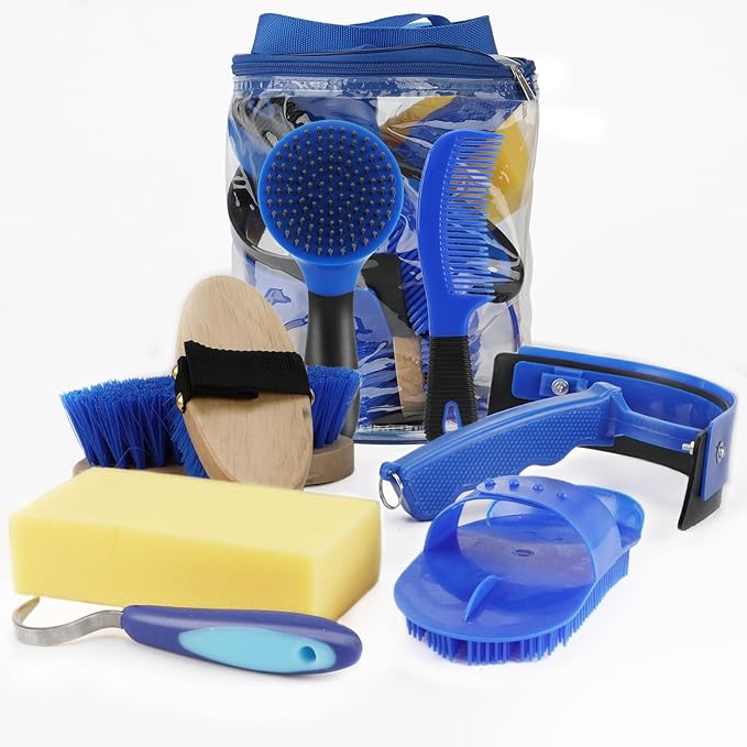 9 Pieces Grooming Kit with Tote Bag - Horse Brush Set, Sweat Scraper, Sponge, Hoof Pick, Curry Comb for Riders and Beginners (Blue)-PurrikoPets