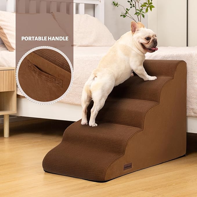 5-Step Dog Stairs and Ramp for High Bed,Non-Slip Sturdy Pet Steps for Small Dogs and Cats,22.2" H,Brown-PurrikoPets